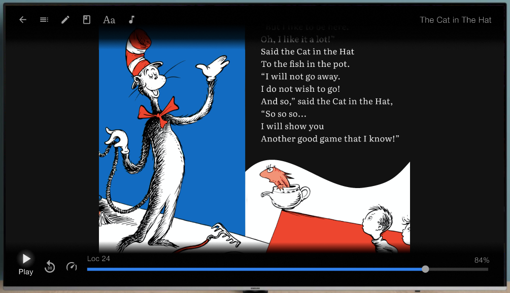 Reading menu for books with Audible narration features play, quick rewind and narration speed functions.