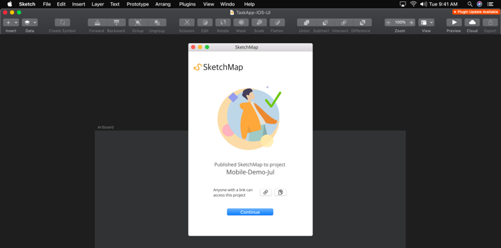 The user is greeted with a cheerful illustration on completion, they can open or copy the link to the SketchMap project.