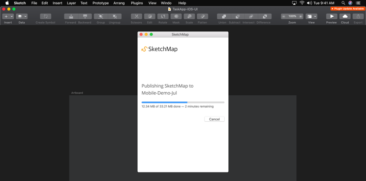 Publishing to SketchMap in progress, the progress bar and details of data transfer help quantify the wait.