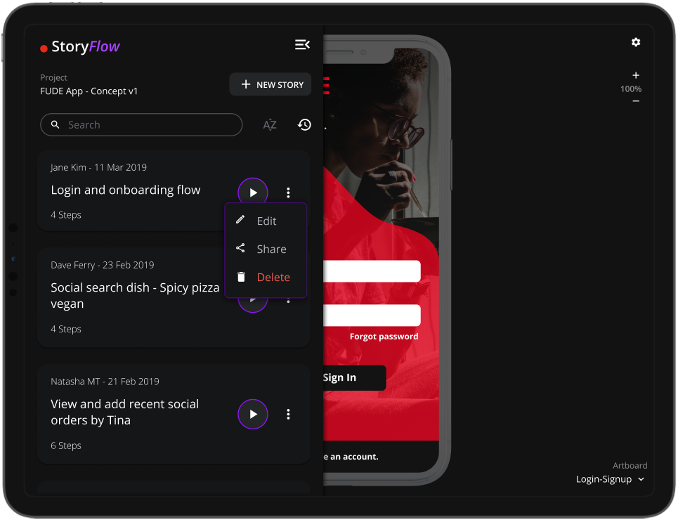 More menu for edit, share and delete actions.
